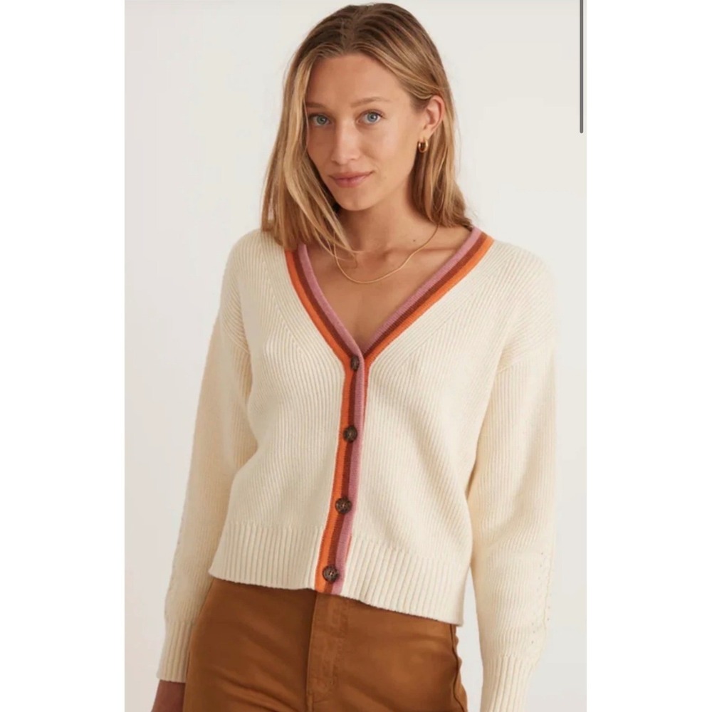 Marine Layer Cardigan Women M Cream 15361 Striped Trim Ribbed V-Neck Sweater